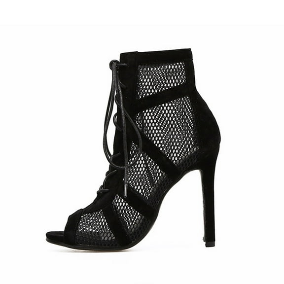 BADHUB Women's Mesh Sandals Booties Peep Toe High Top Sandals Lace Up Summer Boots Buckle Strap Dance Party Pump Shoes Open toe