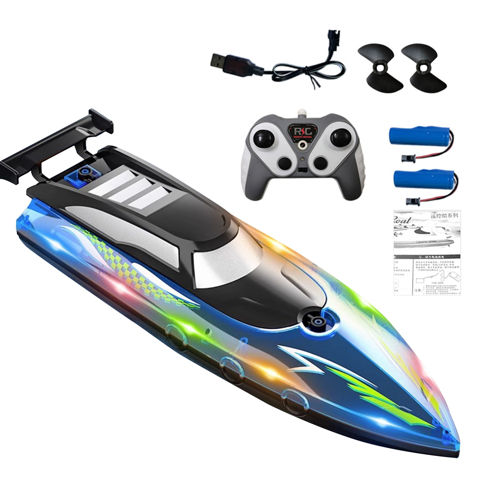 BAELLERT 1 Set Remote Control Boat Waterproof Electric RC Boat Toy with Colorful LED Lights for Outdoor Activity