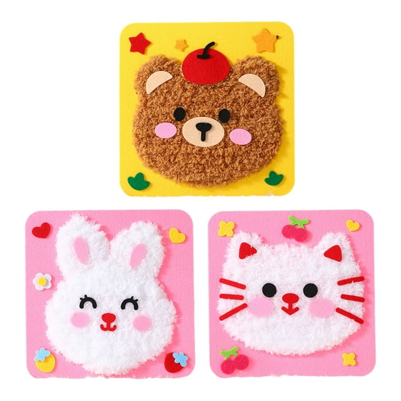 BAELLERT 3Pcs Cartoon Animal Doll Embroidery Kit DIY Handmade Beginner Kids Adults Yarn Cat Rabbit Bear Craft Sewing Kit Toddlers Educational Weaving Toy