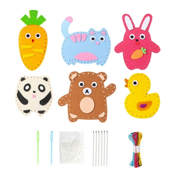 BAELLERT 6Pcs/Set Kids Sewing Kit with Thread Needle Fill Cotton Bead Chain Handmade Carrot Cat Rabbit Panda Duck Bear Plushie DIY Stuffed Animal Craft Sewing Kit Boys Girls Gift