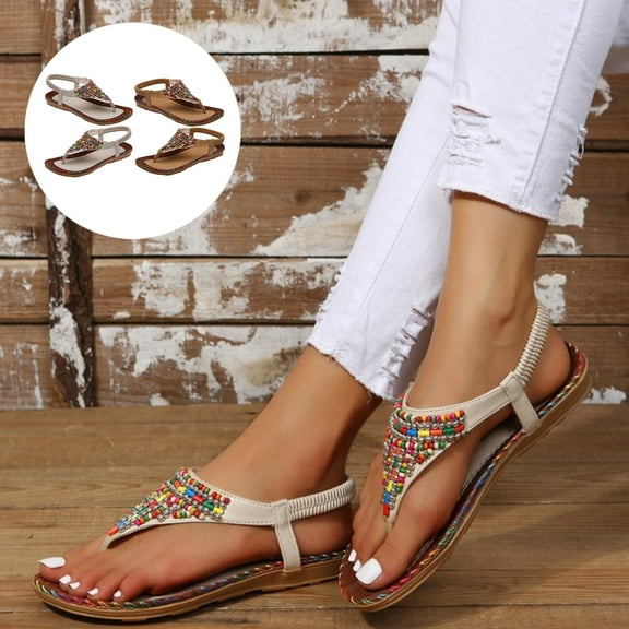 BAETEUY 1 Pair Boho Women Flat Sandals 2023 Summer Clip Toe Soft Insole Non-Slip Rubber Outsole Elastic Ankle Strap Beaded T-Strap Design