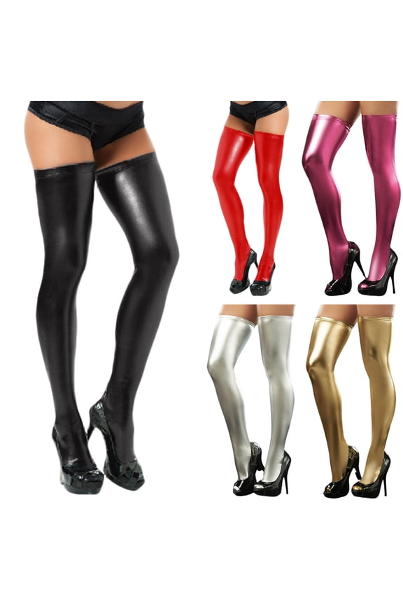1 Pair Women Faux Leather Socks - Skinny Anti-slip Smooth Solid Color Thigh-high Stockings