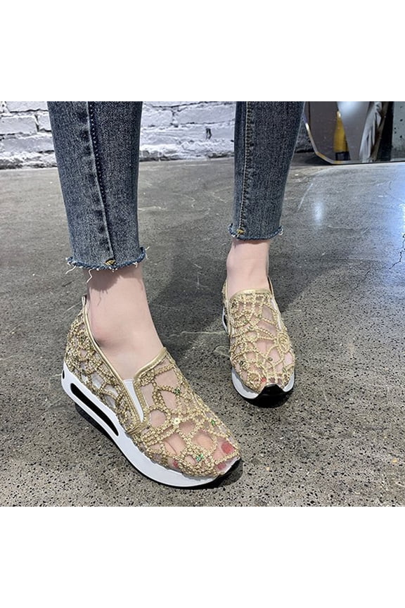1 Pair Women Shoes Good Air Permeability Shiny Sequin Breathable Mesh Thick Soles Daily Wear Slip-on Height Increasing Wedges Shoes Female Shoes