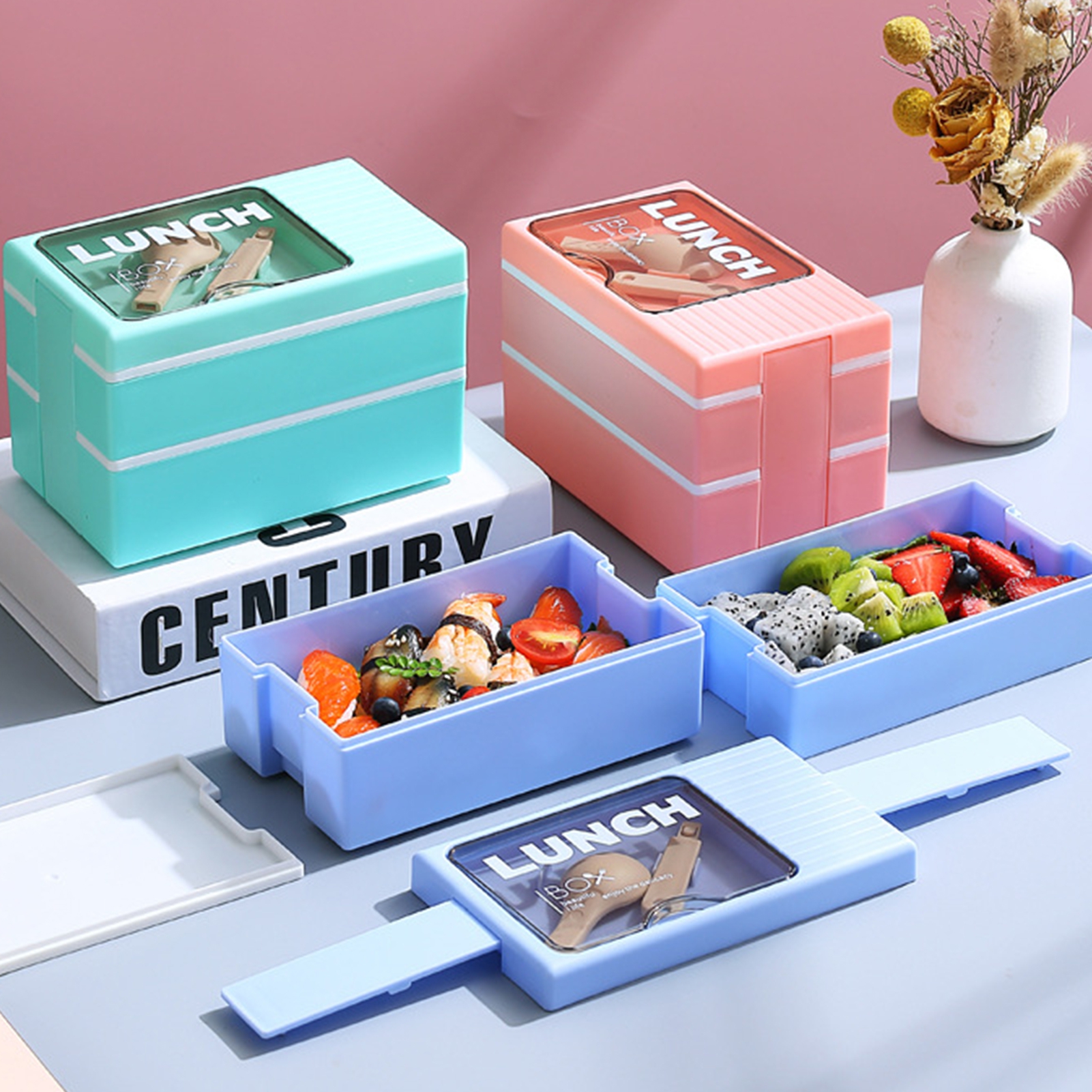 BAETEUY 1200ML Double Layer Bento Box with Spoon Leakproof Stackable ...