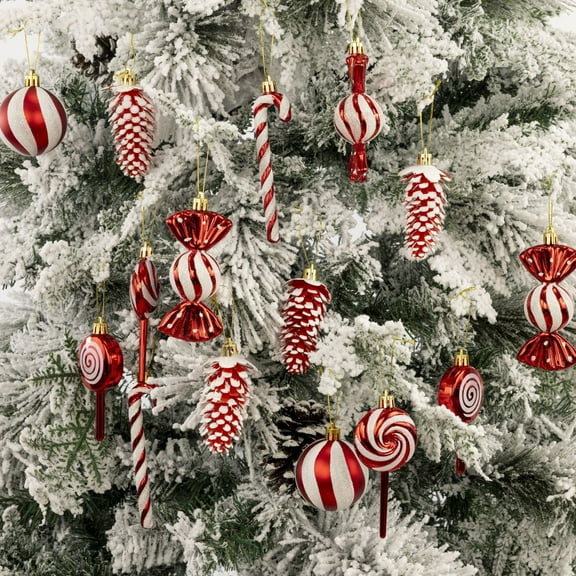 BAETEUY 13Pcs Christmas Hanging Ornaments - Candy Cane Ball Lollipop Xmas Tree Decoration Plastic Glittery