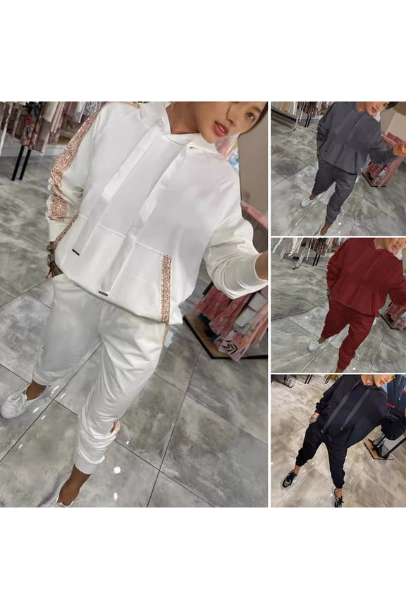 2pcs Women's Hoodie and Pants Suit, Long Sleeves with Sequined Pocket, Solid Color Top, Elastic Waist Trousers, Daily Wear, Sport Outfit, Tracksuit