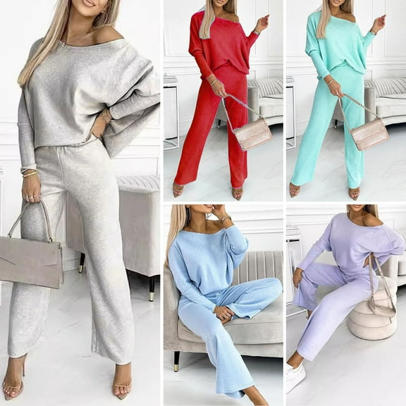 BAETEUY 2pcs Women's Top and Pants Set, Round Neck, Long Sleeves, Sweatshirt, Elastic Waist, Wide Leg Sweatpants, Sport Outfit, Autumn, Casual, Tracksuit