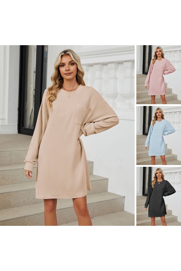 Autumn Spring Dress Thread Solid Color Loose Chest Pocket Long Sleeves O Neck Pullover Knee Length Commuting Dating Midi Dress