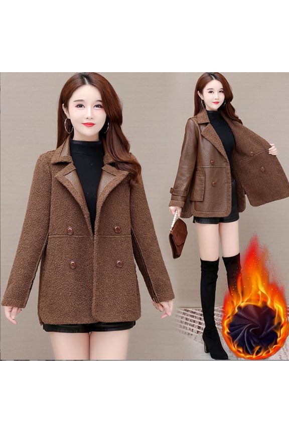 Autumn Winter Women Jacket Thickened Fleece Faux Leather Patchwork Dual-sided Reversible Mid Length Plus Size Pockets Double-breasted Notch Collar Overcoat