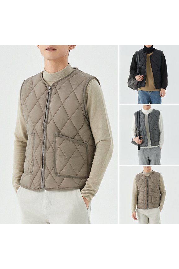 Bottoming Waistcoat, V-Neck, Sleeveless, Zipper Placket, Vest Coat with Pockets, Solid Color, Rhombus Shape, Velvet Lining, Vest Jacket