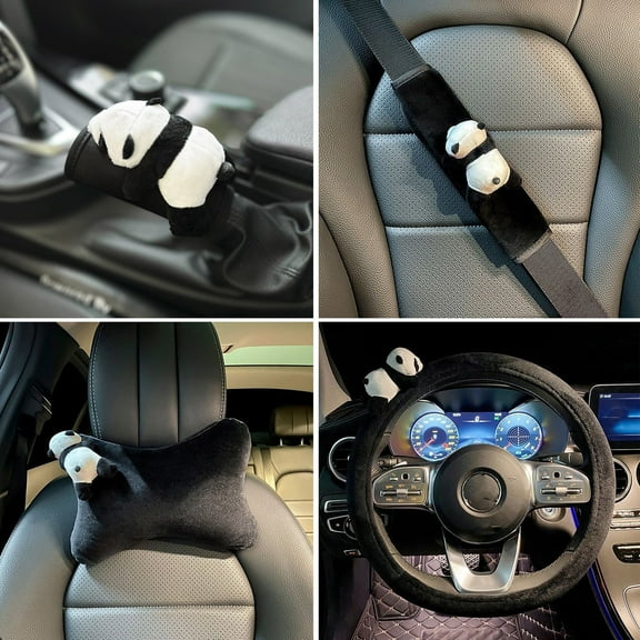 BAETEUY Car Plush Seat Belt Cover Cute Panda Steering Wheel Cover Four Seasons Universal Auto SUV Truck Headrest Pillow Gear Shifter Cover Car Interior Accessories