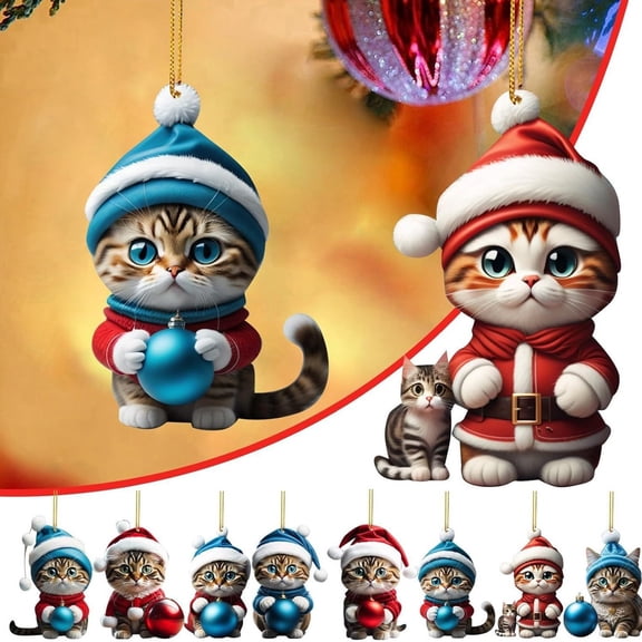 BAETEUY Christmas Cat Ornament, Xmas Tree Decor, Hanging Backpack Keychain, Acrylic Holiday Accessory, Car Rearview Mirror, Window, Bag, Key, Perfect for Festive Season