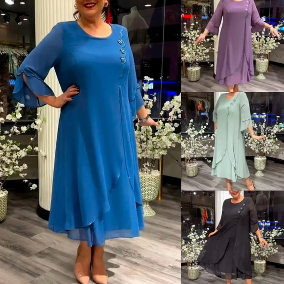 BAETEUY Fall Spring Lady Dress A-line Layered Hem Three Quarter Sleeves Solid Color Round Neck Mid-calf Length Plus Size Daily Wear Parties Office Midi Dress