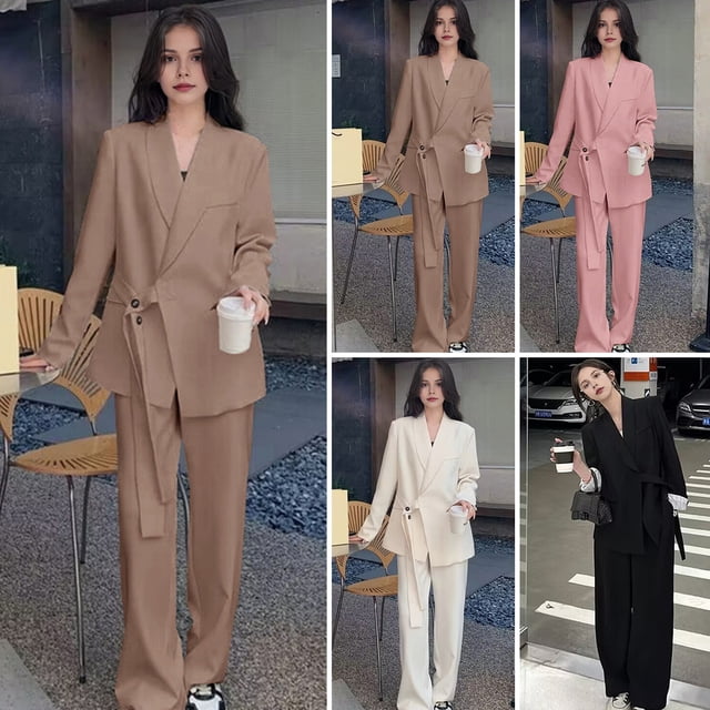 2pcs Casual Suit Lapel Button-down Blazer Jacket And Straight-leg Pants Office Commuting Business Trousers Set Clothing
