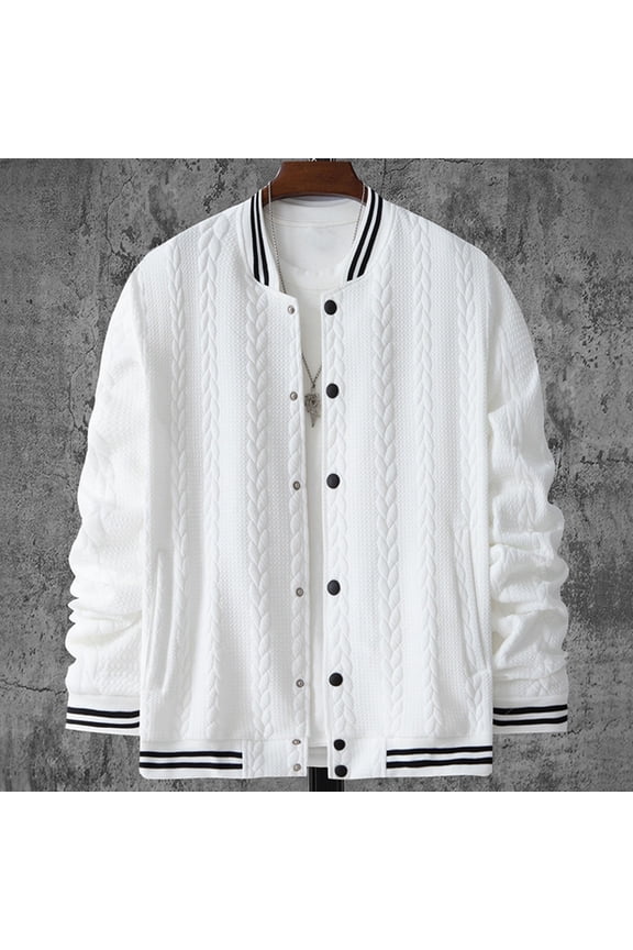 Men Baseball Jacket, Patchwork Color, Wheat Jacquard Texture, Single-Breasted, Design, Casual, Coat, Pockets, Autumn, Winter, Outerwear