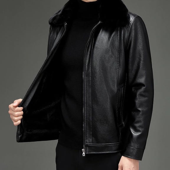 BAETEUY Men Coat, Faux Fur Lapel, Long Sleeve, Faux Leather, Jacket, Thickened, Velvet, Lining, Windproof, Outwear, Solid Color, Zipper, Placket, Coat