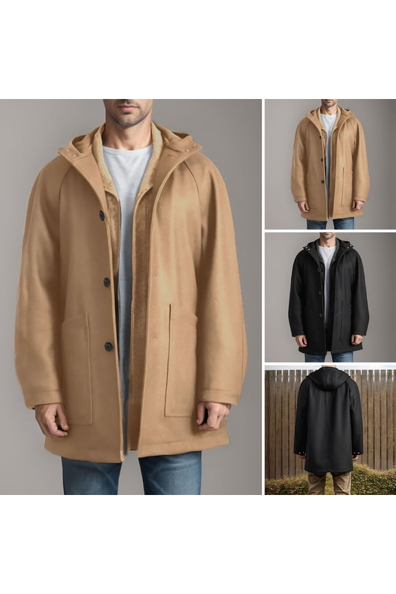 Men Coat Hooded Raglan Solid Color Jacket Mid-length
