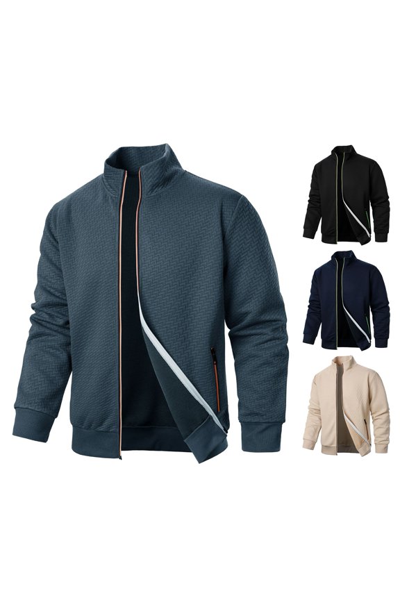 Men Jacket Stand Collar Long Sleeve - Solid Color Jacquard Design Coat