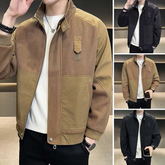 BAETEUY Men Jacket, Stand Collar, Long Sleeve, Zipper Placket, Jacket, Coat, Solid Color, Retro, Corduroy, Jacket, Short, Style, Windbreaker