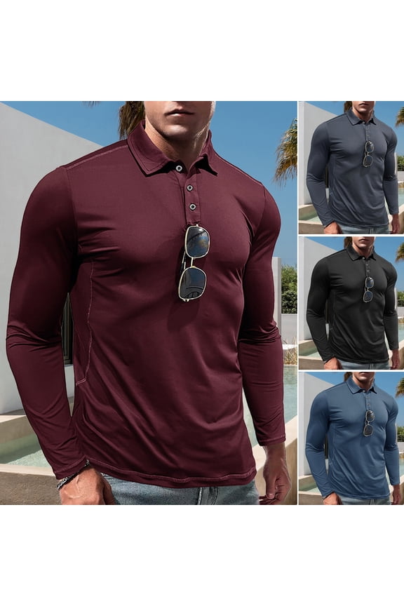 Men Spring Fall Shirt Buttoned Turn-down Collar Long Sleeves Slim Fit Quick Dry Pullover Thin Fitness Outdoor Training Top