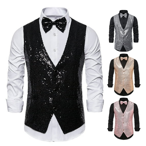 BAETEUY Men Suit Vest V-Neck Sleeveless Single Breasted Stage Show Waistcoat