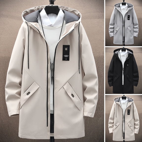 BAETEUY Men Trench Coat Hooded Drawstring Long Sleeve Mid-Length Jacket