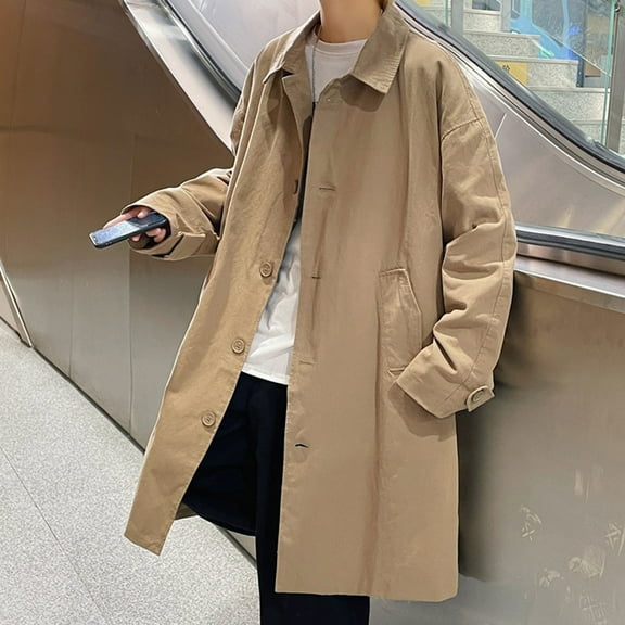BAETEUY Men Windbreaker Coat, Lapel, Long, Sleeve, Buttons, Placket, Trench, Coat, Pockets, Solid, Color, Loose, Fit, Mid-length, Outwear