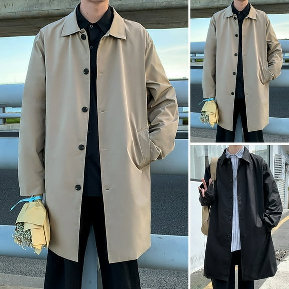 BAETEUY Men Windbreaker Coat, Lapel, Long Sleeve, Double Breasted, Trench Coat, Pockets, Solid Color, Loose Fit, Casual, Mid-length, Outwear