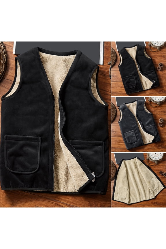 Men's Winter Waistcoat, V-Neck Sleeveless, Solid Color Thickened Plush Lining, Vest Coat with Pockets, Bottoming Warm Vest Jacket