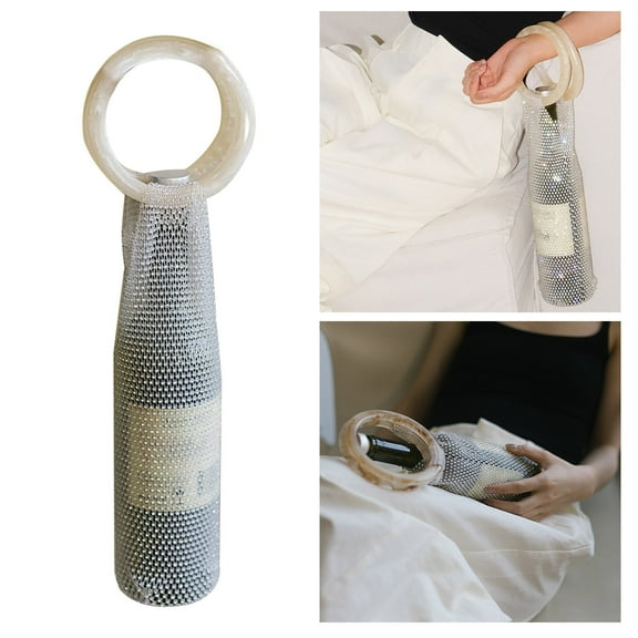 BAETEUY Red Wine Cup Bag Portable Shiny Rhinestones Water Bottle Handbag with Resin Handle Hollow Handwoven Mesh Wine Handbag