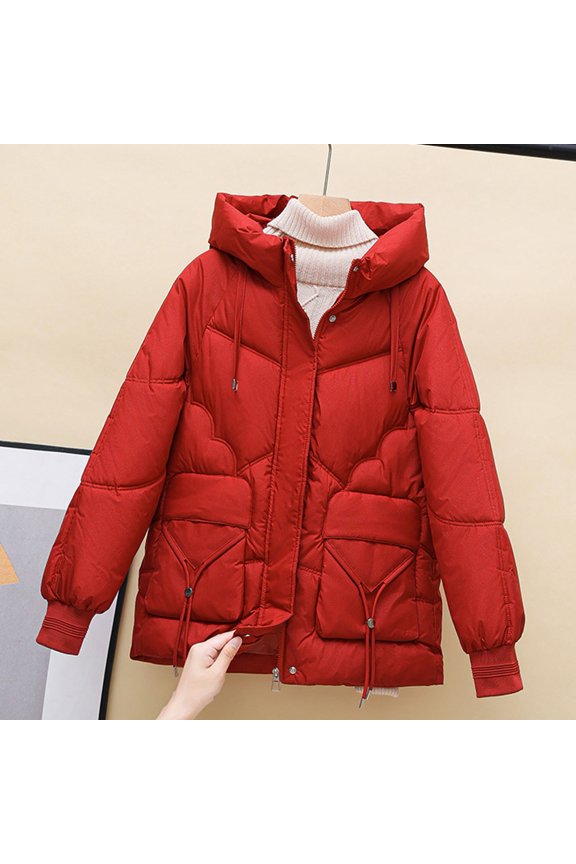 Winter Down Coat, Thickened Padded, Hooded, Pockets, Zipper Closure with Drawstring, Windproof Heat Retention, Daily Cold Weather Outwear, Cotton Jacket