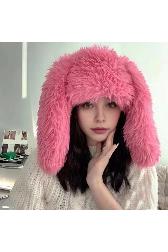 Winter Plush Hat, Cartoon Rabbit Ear Shape, Fuzzy Long Hair, Photo Prop, Keep Warm, Ear Protection, Cold Weather Windproof Headwear, Cute Design