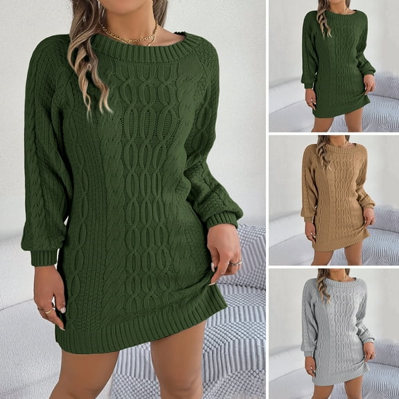 BAETEUY Winter Sweater Dress, Knit, Elastic, Thick, Round, Neck, Long, Sleeves, Solid, Color, Slim, Fit, Lantern, Sleeves, Sheath, Above, Knee, Length, Mini, Dress