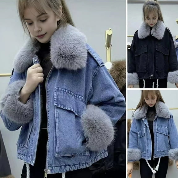 BAETEUY Winter Women Denim Jacket - Faux Fur Trim Long Sleeves Plush Lined Coat