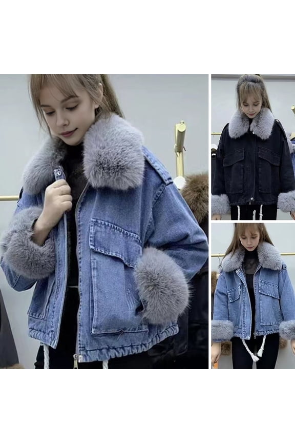 Winter Women Denim Jacket - Faux Fur Trim Long Sleeves Plush Lined Coat