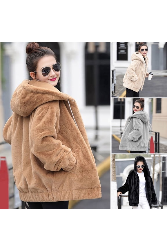 Winter Women Jacket - Thick Plush Faux Rabbit Fur Mid Length Hooded Coat