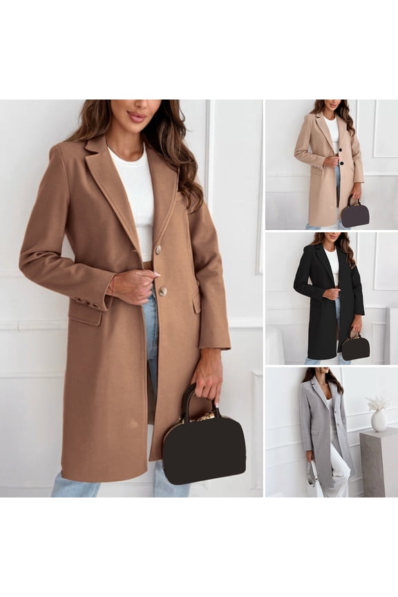 Winter Women Woolen Coat, Button Closure, Thick Mid Length, Pure Color, Turn-down Collar, Jacket, Warm Formal Business, OL Commuting, Overcoat
