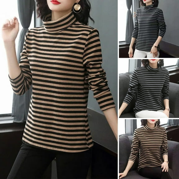 BAETEUY Women Bottoming Tops, High, Collar, Long, Sleeve, Thickened, Velvet, Lining, Pullover, Tops, Striped, Print, Tee, Tops
