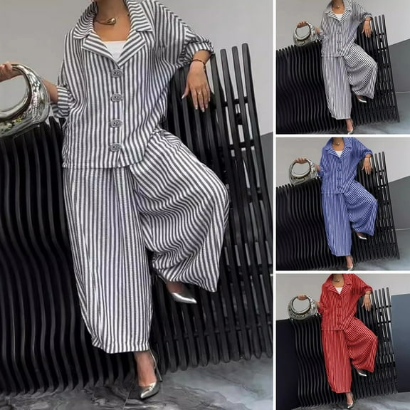 BAETEUY Women Casual Suit Long-Sleeved Shirt Top Wide-Leg Harem Pant 2-piece Set Autumn Lapel Striped Nine-Point Pant Female Outfit Suit