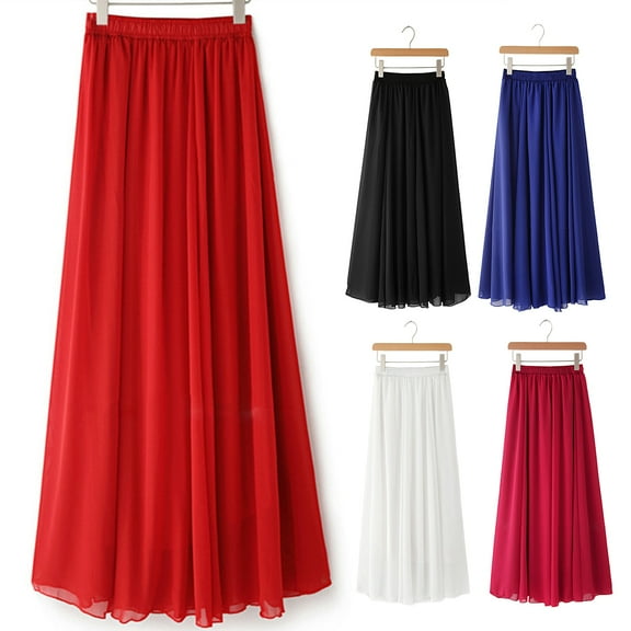 BAETEUY Women Chiffon Skirt Elastic High Waist Pleated Ankle-Length Skirt Solid Color Flowy Hem Long Skirt Daily Wear