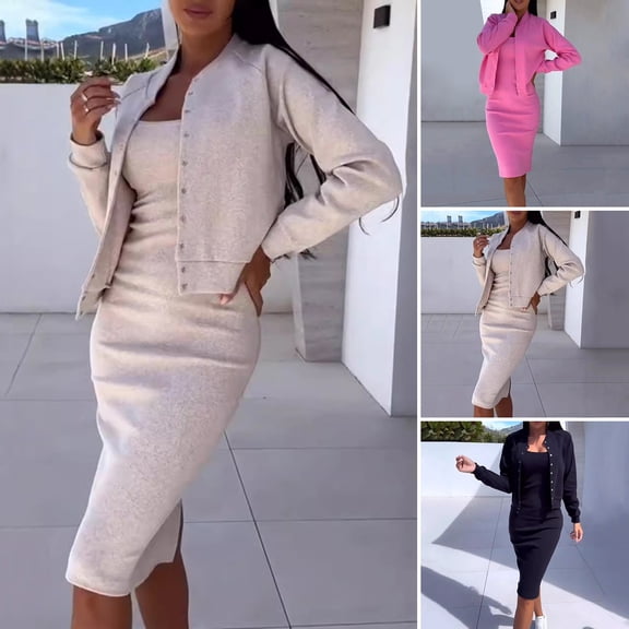 BAETEUY Women Coat Dress Set, 2 Pcs/Set, Single-breasted, Stand Collar, Long Sleeves, Jacket, Skinny Slip Dress, Autumn, Midi Dress, Jacket Set, OL Commuting, Office Clothes