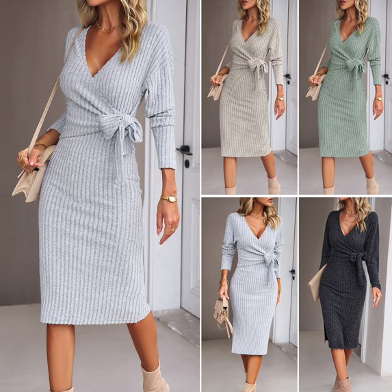 BAETEUY Women Dress Cross V Neck Lace-up Slim Fit Sheath Long Sleeves Knee Length Knitted Slim Fit Elastic Midi Dress Shopping Dating Dress
