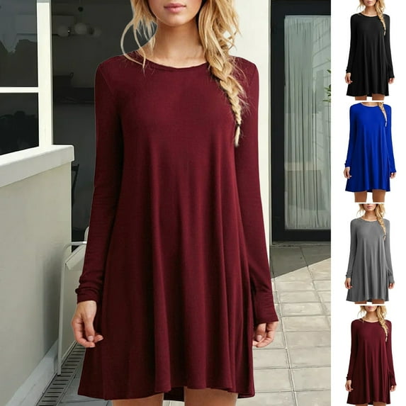 BAETEUY Women Dress Round Neck Loose Long Sleeves A-line Mini Dress
