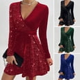 thumbnail image 1 of BAETEUY Women Dress V Neck Lace-up Tight Waist Sequin Decor A-line, 1 of 8