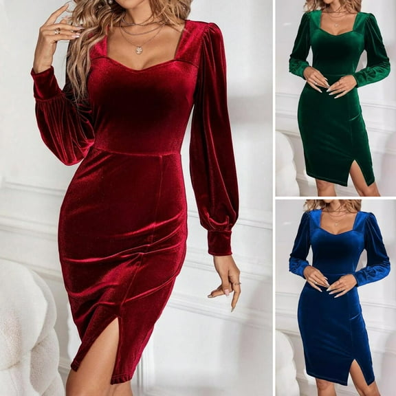 BAETEUY Women Evening Dress Long Sleeves Slim Fit Velvet Square Neck