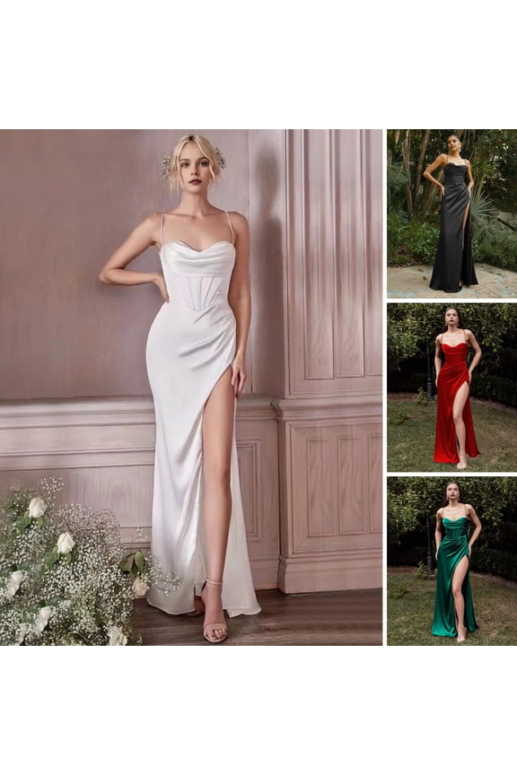 Women Evening Dress - Spaghetti Strap Low-cut Off Shoulder Backless Slit Hem Pleated Maxi Dress