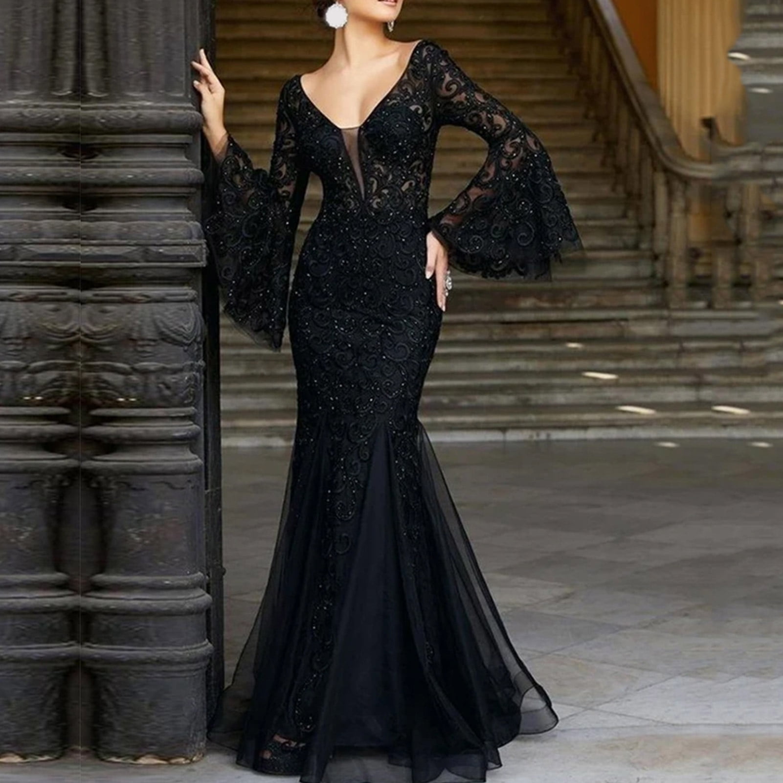 BAETEUY Women Evening Dress, V Neck, See-through Lace, Embroidery ...