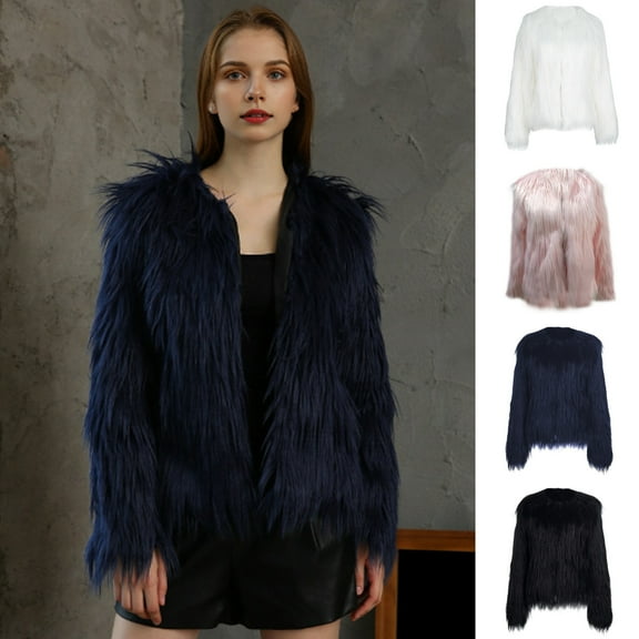 BAETEUY Women Faux Fur Jacket Warm Plush Round Neck Coat Autumn Winter