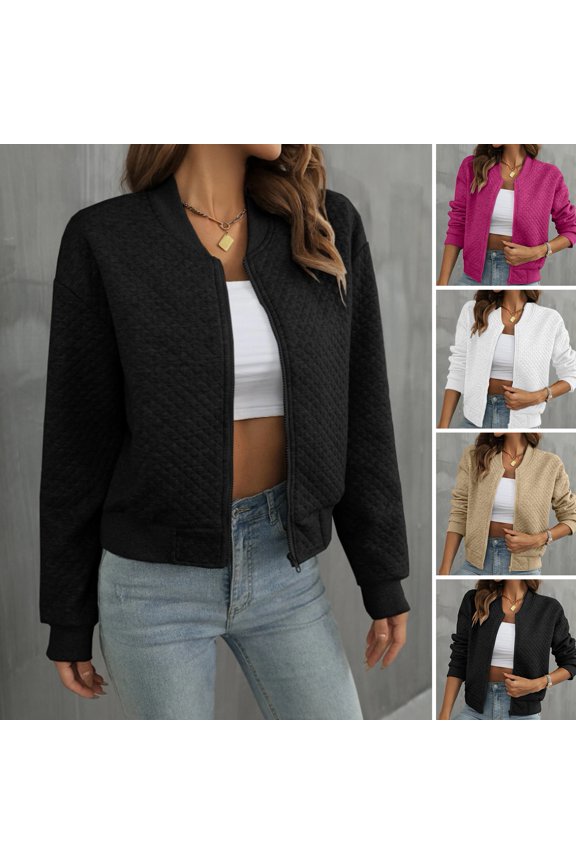 Women Jacket, O, Neck, Solid, Color, Zipper, Closure, Coat, Loose, Thermal, Short, Type, Elastic, Cuffs, Long, Sleved, Commuting, Dating, Spring, Fall, Winter, Coat