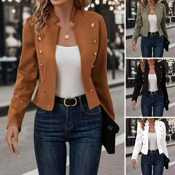 BAETEUY Women Jacket Stand Collar Long Sleeve - Double Breasted Short Suit Coat